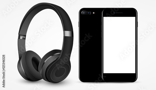 vector black music headphones and smartphone