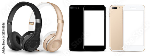 vector black, gold music headphones and black, gold smartphone