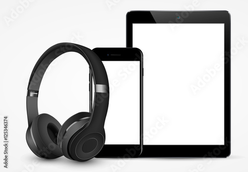 vector black music headphones and smartphone, and tablet