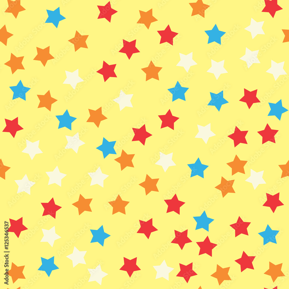 Donut glaze seamless pattern. Cream texture with sprinkle topping of colorful stars on yellow background. Food bakery decoration. Vector eps8 illustration.