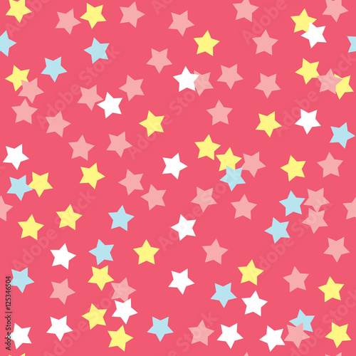 Donut glaze seamless pattern. Cream texture with sprinkle topping of colorful stars on pink background. Food bakery decoration. Vector eps8 illustration.