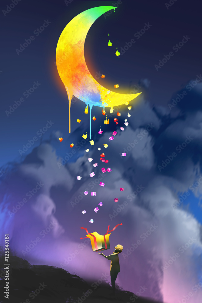 Fototapeta premium the kid opening a fantasy box and looking up a magic gift,colorful melting moon,illustration painting