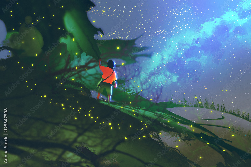 Fototapeta premium little boy standing on giant leaves looking at a night sky,illustration painting