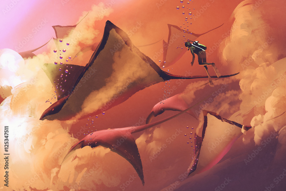 Fototapeta premium surreal world concept showing diver and manta rays flying in the cloudy sky,illustration painting