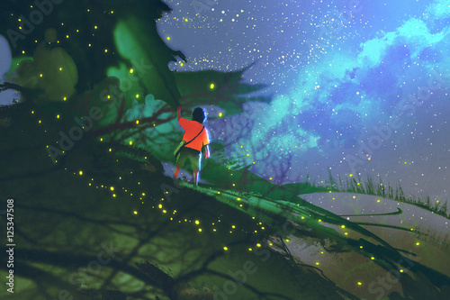 little boy standing on giant leaves looking at a night sky,illustration painting