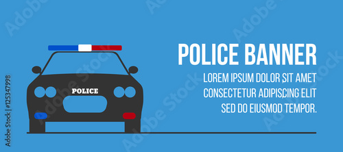 Police logo and banner with car. Elements of the police equipment icons. Protect and Serve label. Vector Illustration.