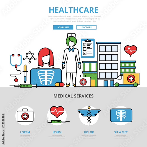 Linear flat healthcare infographics vector illustration.