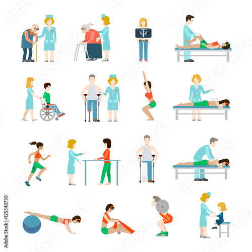 Flat physiotherapy vector illustration set Health rehabilitation