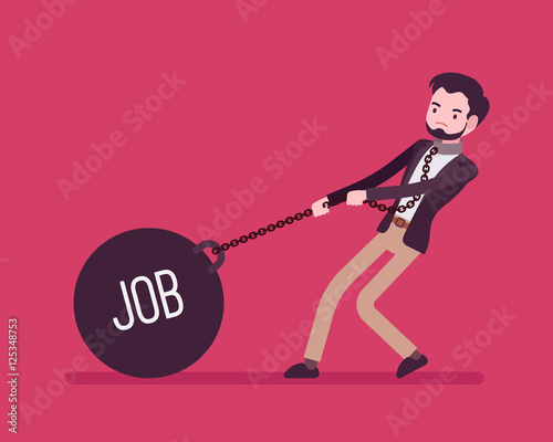Businessman dragging a giant heavy weight on chain, written Job on a ball. Cartoon vector flat-style concept illustration