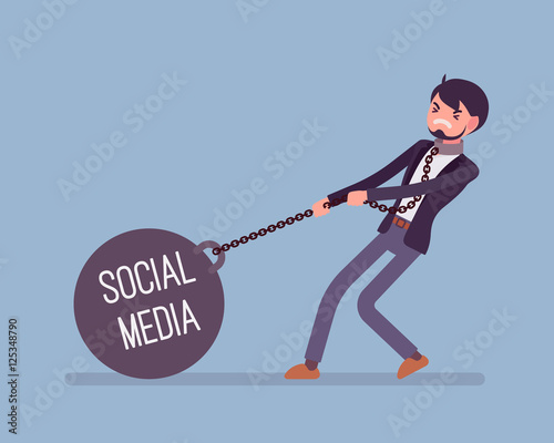 Businessman dragging a giant heavy weight on chain, written Social Media on a ball. Cartoon vector flat-style concept illustration
