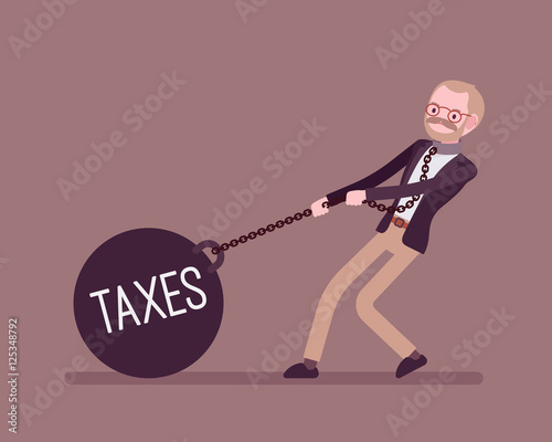 Businessman dragging a giant heavy weight on chain, written Taxes on a ball. Cartoon vector flat-style concept illustration
