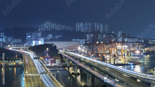 Panorama of Cargo Port and Highway in Hong Kong