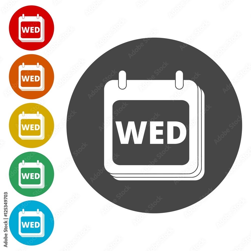 A wall calendar with the word Wednesday. Flat colorful buttons for Wednesday (calendar icon) A wall calendar with the word Wednesday. Flat colorful buttons for Wednesday (calendar icon)