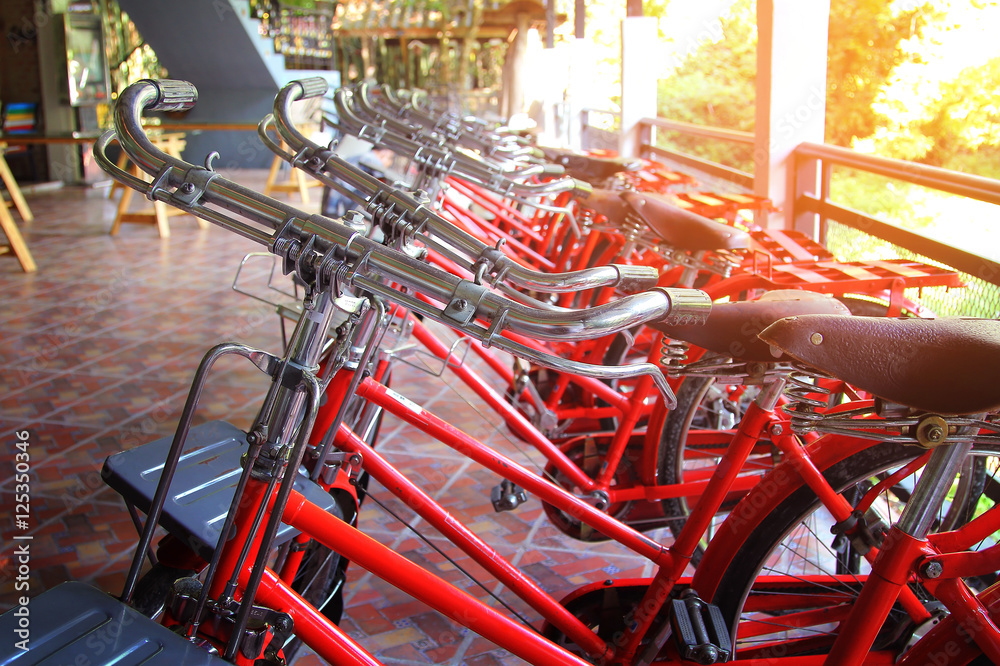 Handlebar of red retro bicycles  for rent parked in row among sunlight in resort at Nakhon Nayok province in Thailand