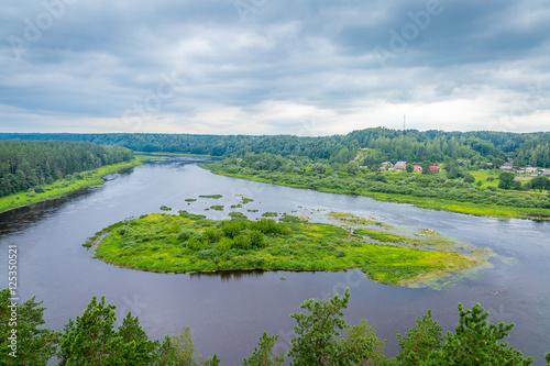 Amazing Panoramic View of River and Green Forest in Latvija