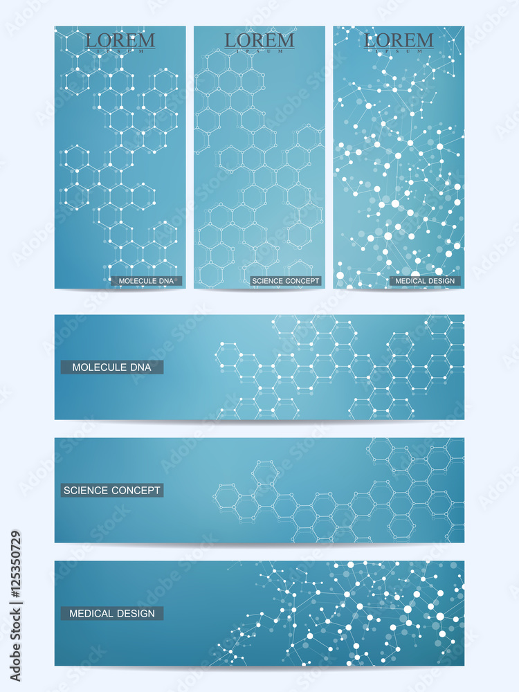 Set of modern scientific banners. Molecule structure DNA and neurons ...