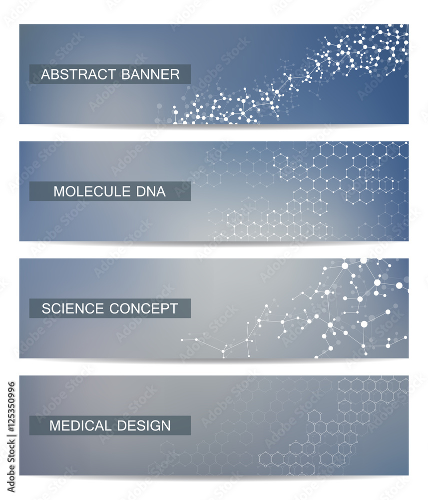 Fototapeta premium Set of modern scientific banners. Molecule structure DNA and neurons. Abstract background. Medicine, science, technology. Vector illustration for your design.