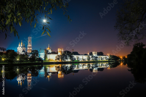 Night Lights of Moscow  Park Novodevichy Convent at night.