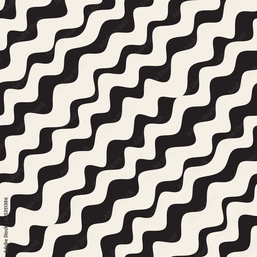 Vector Seamless Black and White Hand Drawn Diagonal Zigzag Lines Pattern