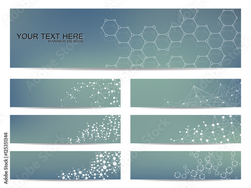 Fototapeta Naklejka Na Ścianę i Meble -  Set of modern scientific banners. Molecule structure DNA and neurons. Abstract background. Medicine, science, technology. Vector illustration for your design.