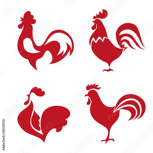 Red roosters logo set. Vector illustration of red cocks, symbol 2017. 