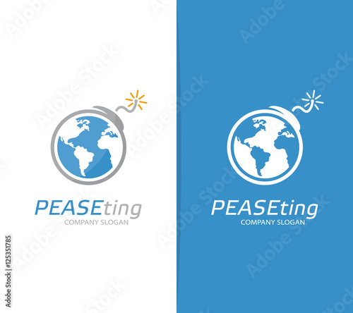 Vector earth and bomb logo combination. Globe and terrorism symbol or icon. Unique conflict, world, global, ecology, warming logotype design template.