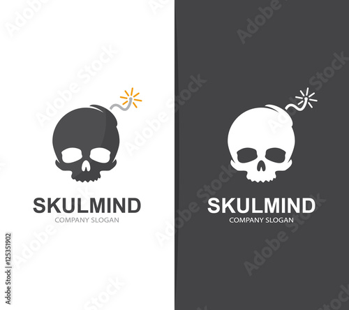 Vector skull and bomb logo combination. Explosion and dead symbol or icon. Unique danger and destruction logotype design template.