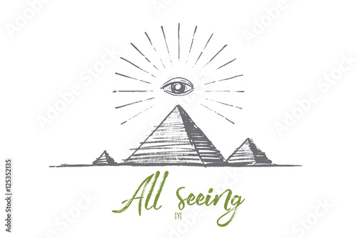 Vector hand drawn all seeing eye concept sketch. All seeing eye or eye of providence pyramid symbol. Lettering All seeing eye
