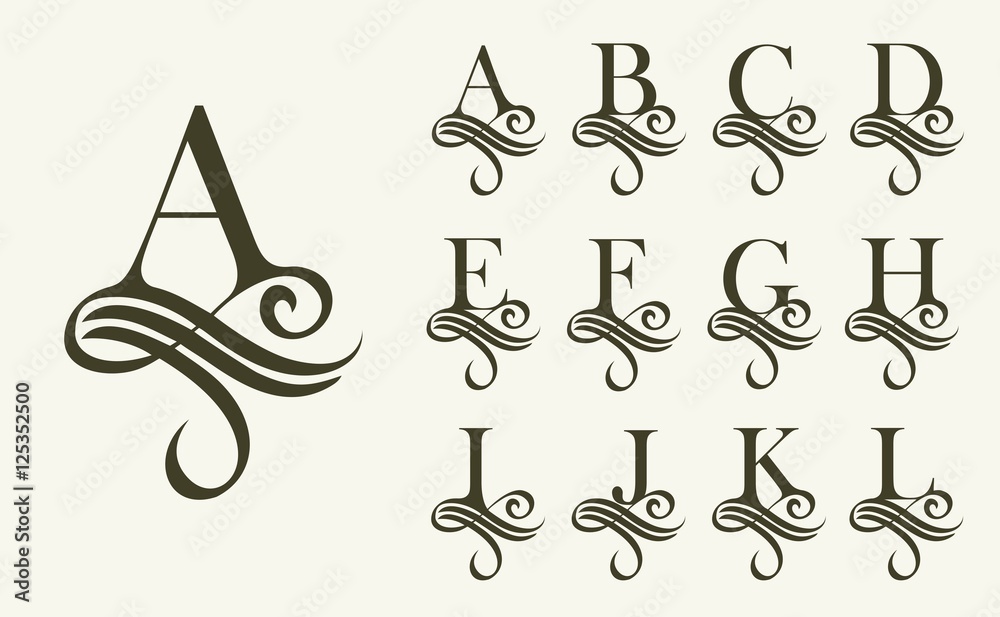 Vintage Set1 . Capital Letter for Monograms and Logos. Beautiful Filigree Font. Victorian Style. - obrazy, fototapety, plakaty 