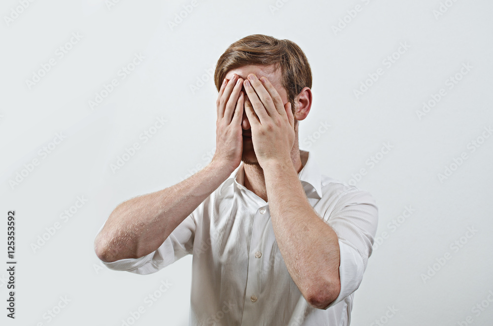 Man Covers His Face by Hand Man Covers His Face by Hand