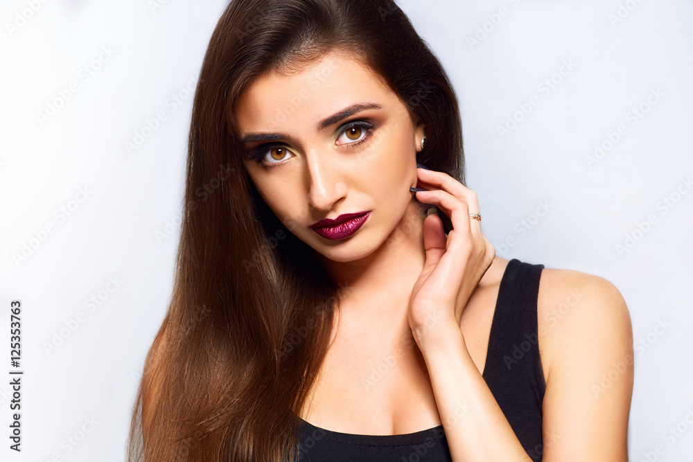 Beauty Woman with perfect skin Portrait. Beautiful Brunette. studio fashion shot on white background, perfect skin. 
