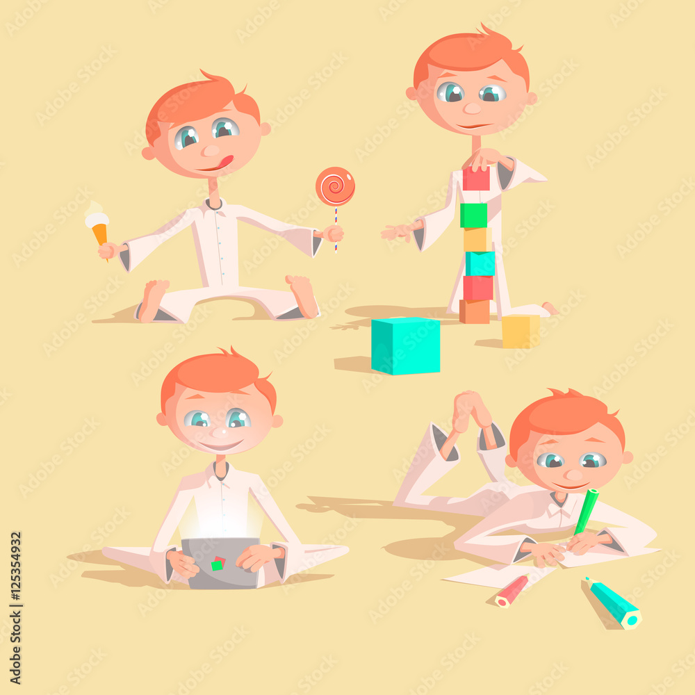 Little lovely baby boy playing with toys. Kid builds house from cubes.  draws pencils.  plays a pad.  eats sweets Colorful vector illustration set