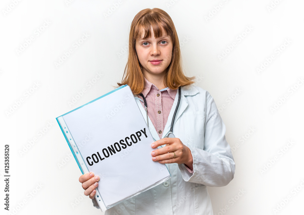 Doctor showing clipboard with written text: Colonoscopy Doctor showing clipboard with written text: Colonoscopy