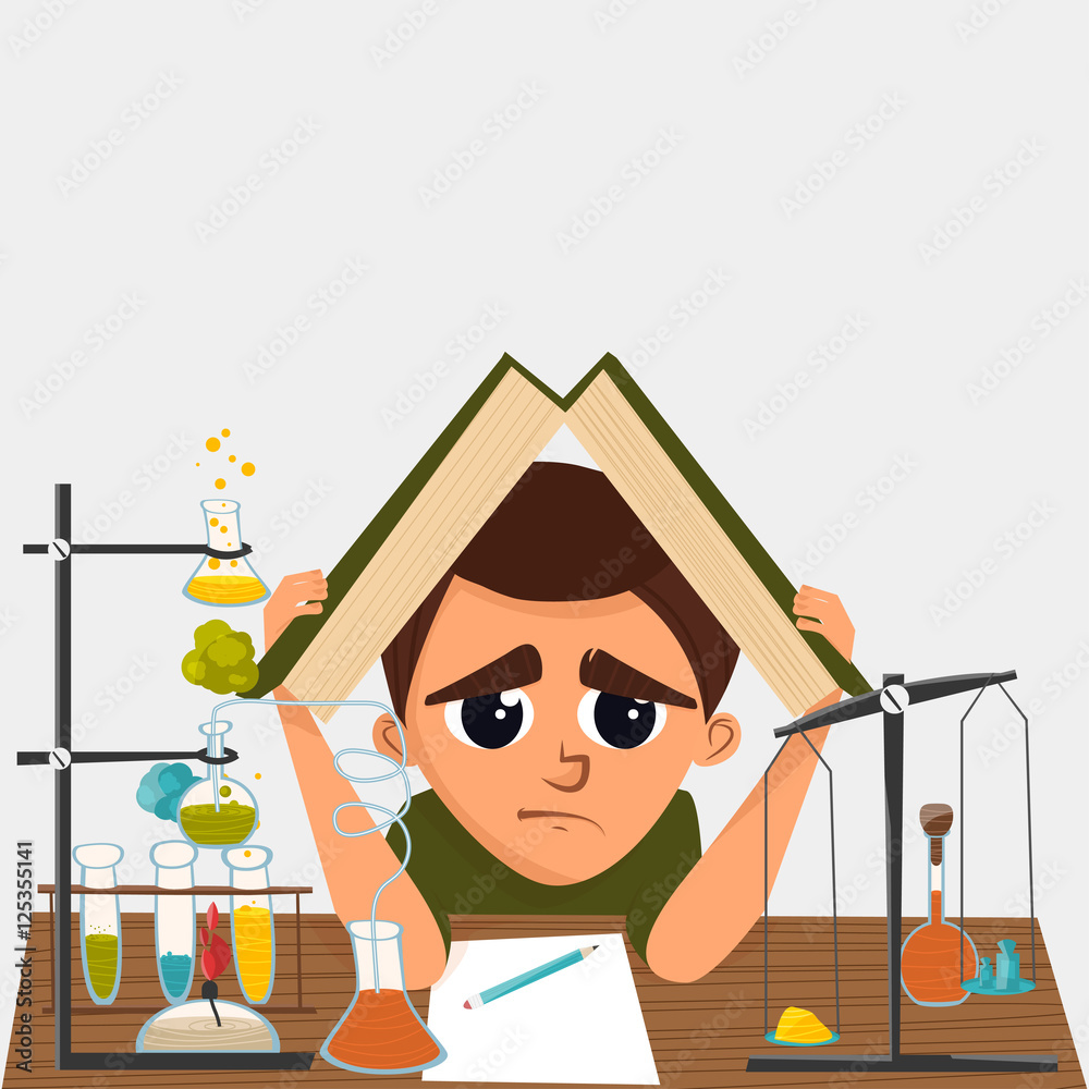 A cartoon illustration of a school student in chemistry class. Vector A cartoon illustration of a school student in chemistry class. Vector