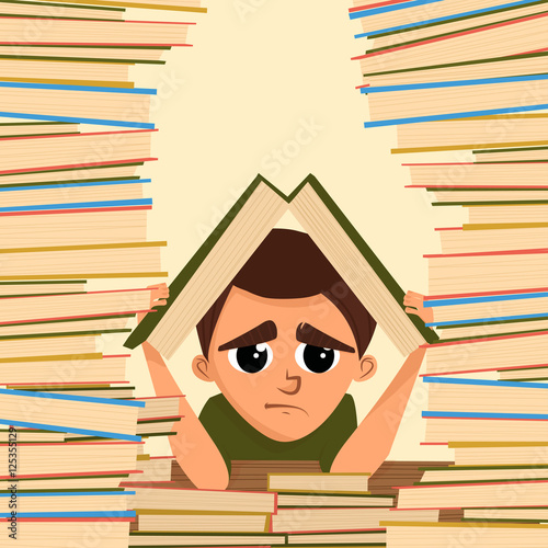 A cartoon illustration of a school student in the library. Vector