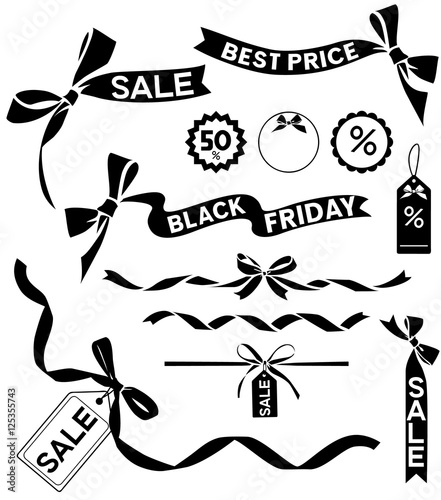 Set of black friday elements. Decorative bow and ribbon silhouettes for sale design