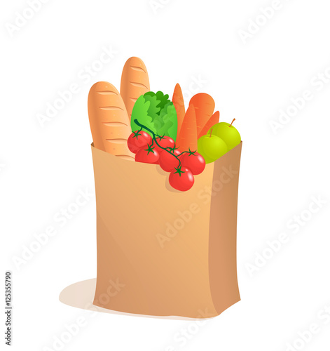 Full paper bag with food. Vector illustration in cartoon style. Groceries.