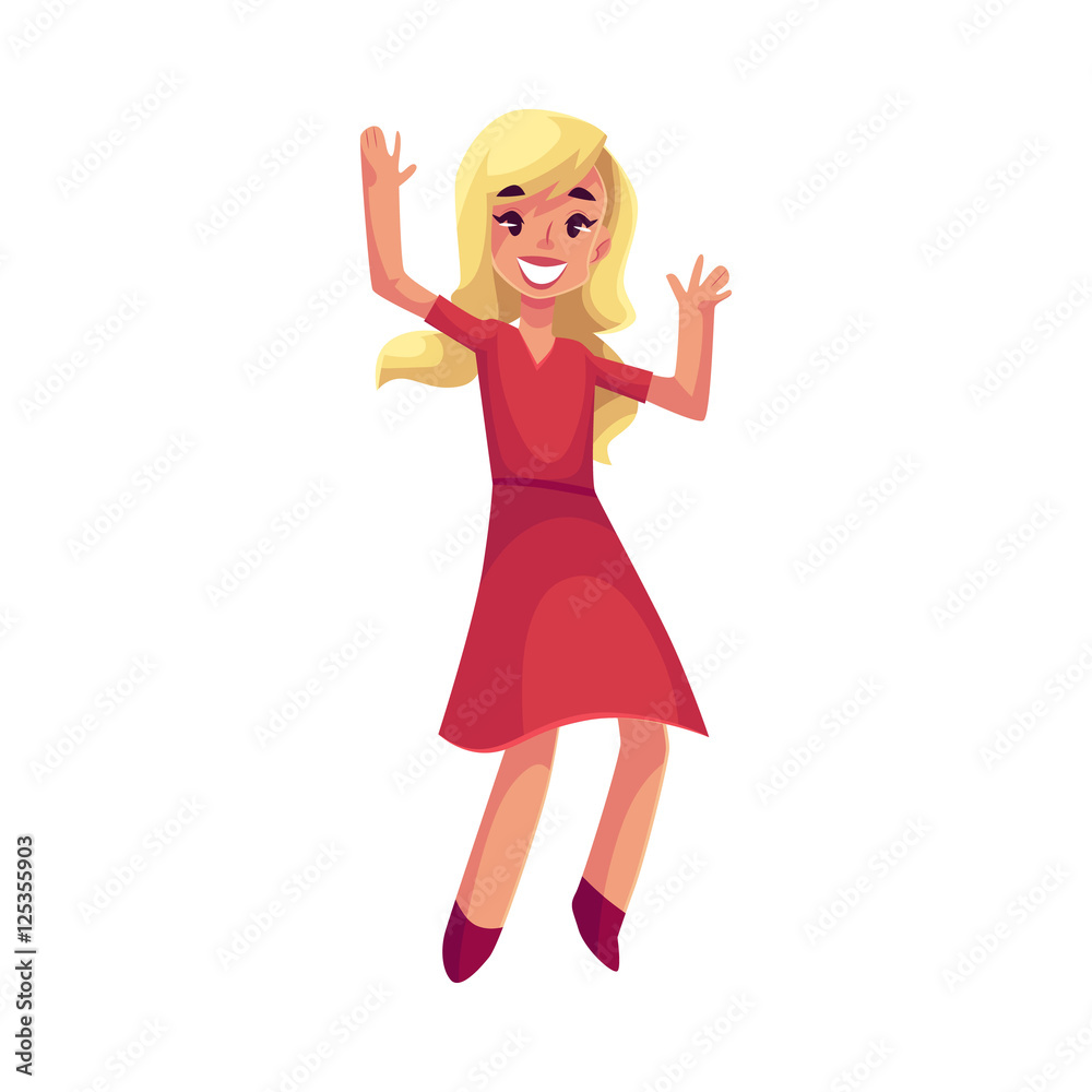 Beautiful young woman jumping from happiness, cartoon vector illustrations isolated on white background. Happy girl or young woman in a nice dress jumping in excitement Beautiful young woman jumping from happiness, cartoon vector illustrations isolated on white background. Happy girl or young woman in a nice dress jumping in excitement
