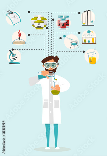 Researcher of the research laboratory with the reagents in his hands. Vector