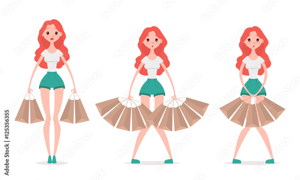 Young hipster woman with shopping bags. Vector illustration. Design template. Cartoon Young hipster woman with shopping bags. Vector illustration. Design template. Cartoon
