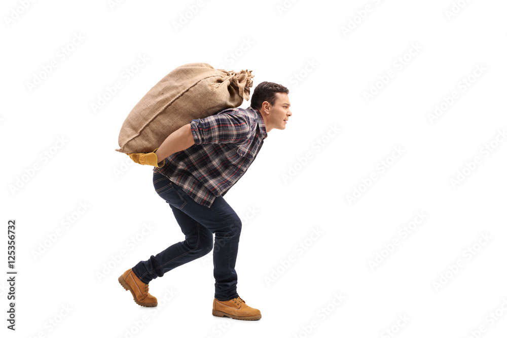 Male agricultural worker carrying burlap sack on his back - obrazy, fototapety, plakaty 