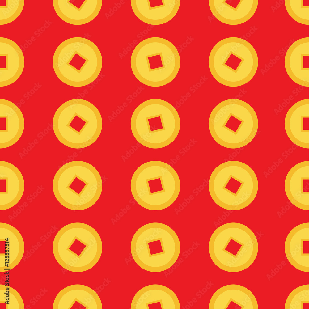 Chinese coin set. Seamless Pattern China gold money square centre. Golden coin with hole. Happy New Year symbol atribute. Red background. Flat design. Chinese coin set. Seamless Pattern China gold money square centre. Golden coin with hole. Happy New Year symbol atribute. Red background. Flat design.