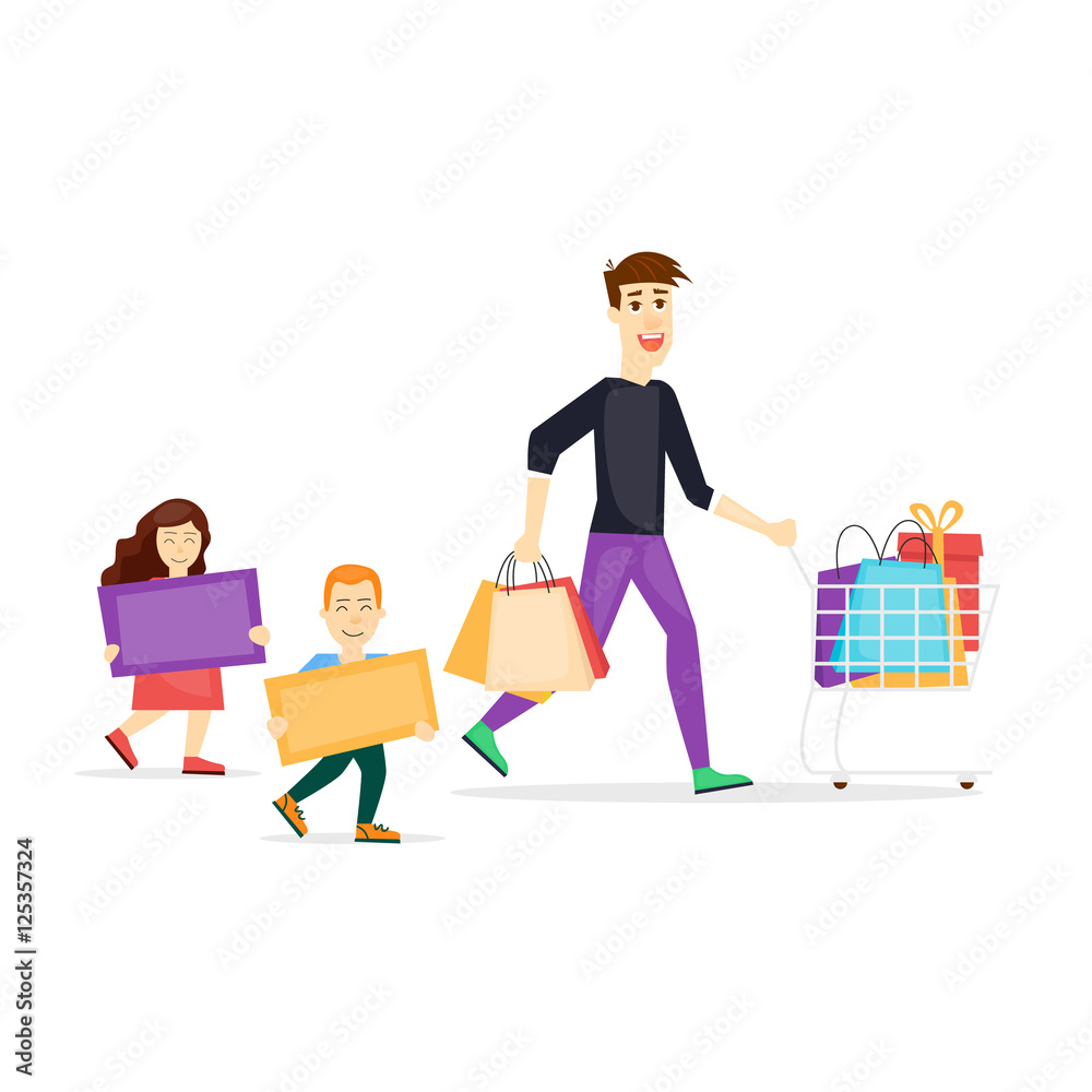 Sale. Family shopping. Characters. Flat design vector illustration. Sale. Family shopping. Characters. Flat design vector illustration.