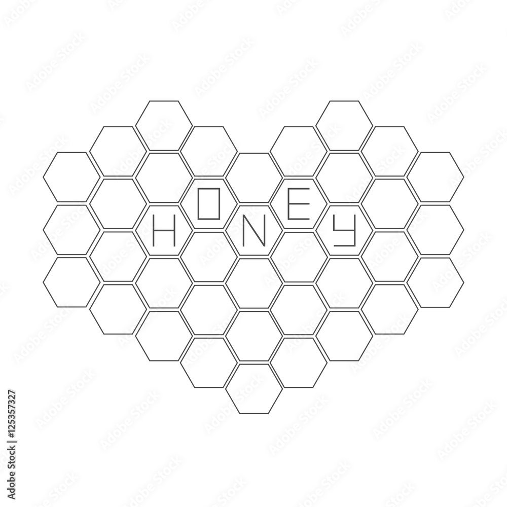 Honeycomb set in shape of heart. Beehive element. Honey text icon. Isolated. White background. Flat design.  .