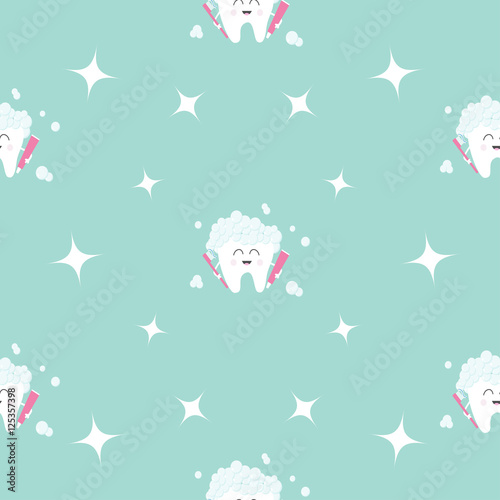 Seamless Pattern Brush Paste Tooth health. Sparkle star. Cute funny cartoon smiling character. Oral dental hygiene. Children teeth care. Baby texture. Flat design. Blue background.
