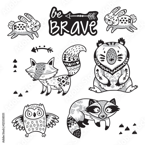 Forest tribal animals vector set. Black and white illustration