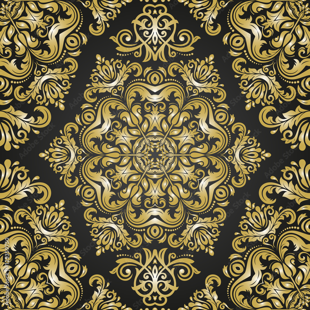 Seamless oriental pattern in the style of baroque. Traditional classic ornament. Black and golden pattern