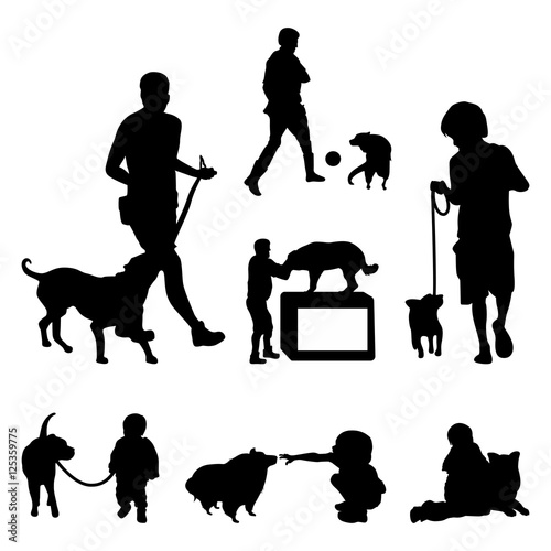 Man and Boy Walking and Playing with Dog Silhouette