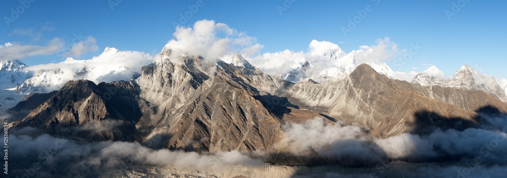 panorama of Mount Everest, Lhotse, Makalu and Cho Oyu