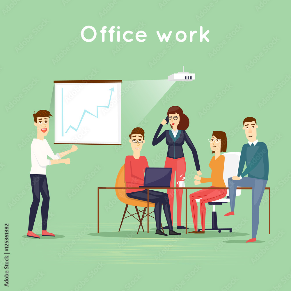 Business characters. Teamwork. Presentation. Workplace. Office life. Flat design vector illustration. Business characters. Teamwork. Presentation. Workplace. Office life. Flat design vector illustration.
